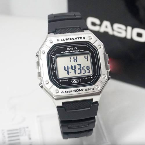 Reloj Casio W218 Plateado Sumergible 50m Hombre Numeros Grandes Cronometro Luz Led