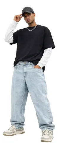 CALÇA JEANS MASCULINA MODELO BAG RETA ESTILO STREETWEAR AZUL-CLARO 40