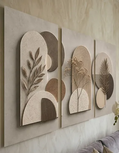 Kit 3 Quadros Folhagem Boho Geométrico Tons Neutros Luxo Marrom Marrom-claro
