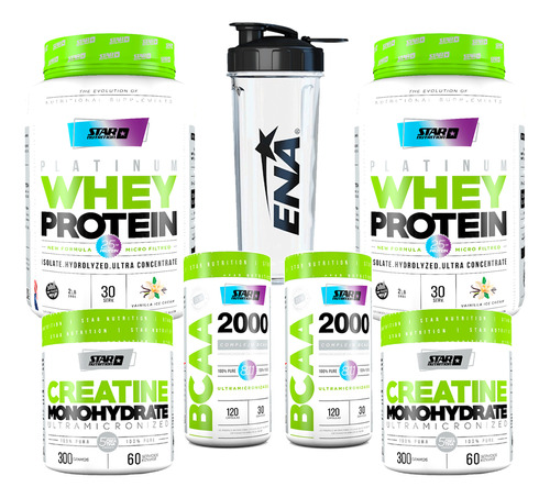 Kit 2 Protein Vainilla + 2 Creatinas + 2 Bcaa 2000 + Shaker