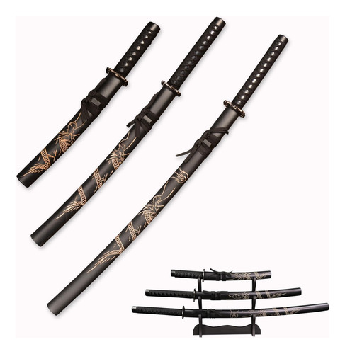 Set 3 Katanas Wakizashi Tanto Samurai Acero Espada Con Base