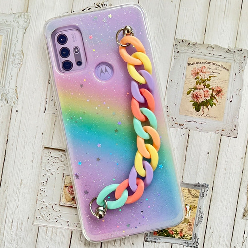 Funda Brillito Arcoiris+cadena Para Moto G30 G20 G20 Se