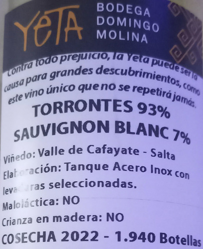 Vino Blanco Yeta Torrontes X 750 Ml - Pmd