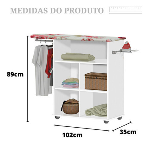 Tabua De Passar Roupa Junior Cabideiro 3 Nichos 1 Porta Branco Com Suporte Para Ferro
