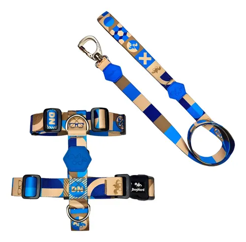 Coleira Peitoral E Guia Cachorro - Mosaico Cor Azul Tamanho Da Coleira Pp