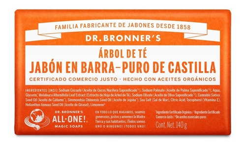 Dr Bronners Jabon Organico Antibacterial Barra Albol Te 140g