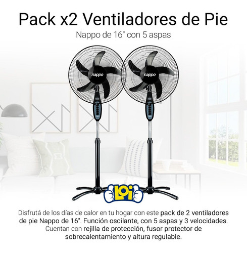 Imagen 2 de 4 de Pack X2 Ventiladores De Pie Nappo 16'' 3 Vel 5 Aspas Loi