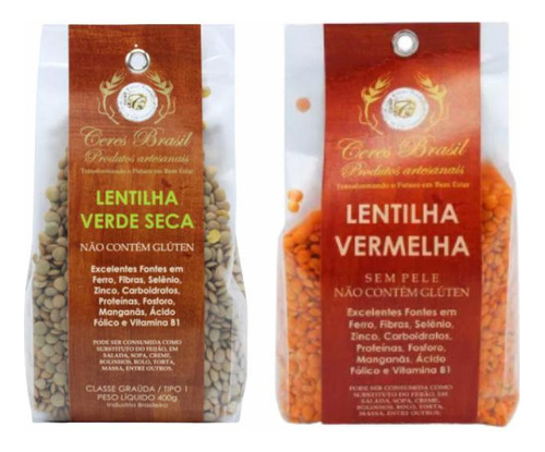 Kit 2 Lentilha Ceres Vermelha E Verde Sem Glúten 400g