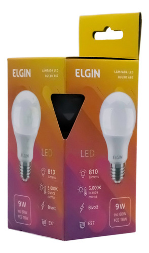 Imagem 2 de 7 de Kit 05 Lampada Led 9w Elgin A60 E27 Amarela 3000k
