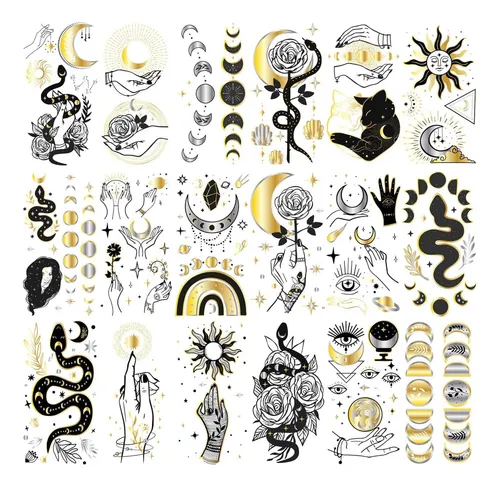 Glaryyears Tatuajes Temporales Dorados Metálicos, Paquete De