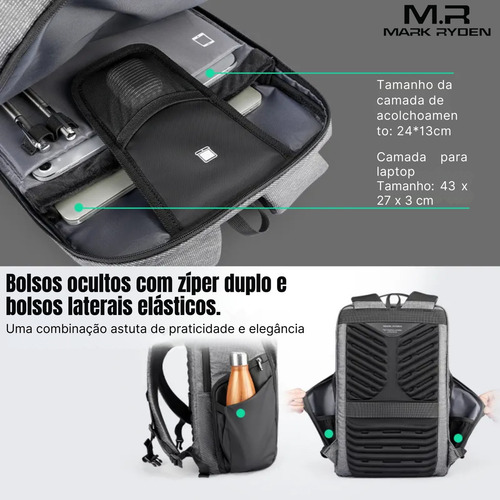 Mochila Premium Executiva Multifuncional Impermeável Compartimento Frontal Magnético Notebook 15.6 Com Usb Modelo Traveler Mark Ryden Cor Cinza Liso