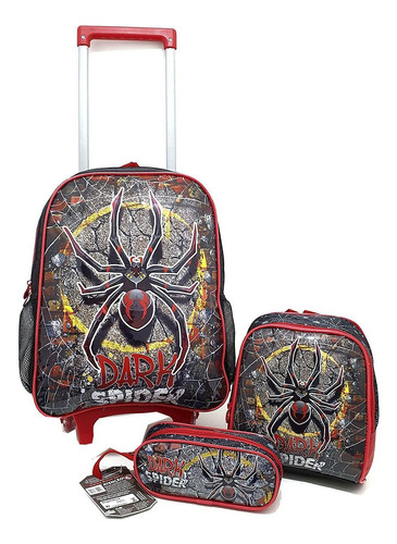 Mochila Escolar Kit Roda Lancheira Estojo Dark Spider Ds3526