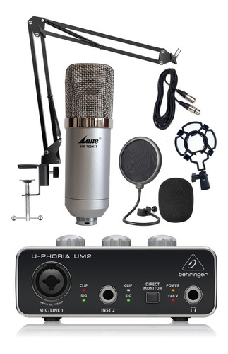 Placa De Sonido Behringer Um2 Mic Bm-800 Kit Brazo Cable