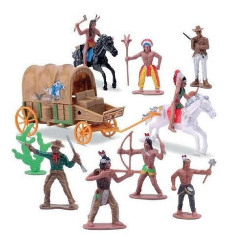 Bonecos Faroeste Indios E Cowboys 12 Pcs - Carroça , Cavalos