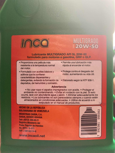 Aceite Inca 20w50 Mineral