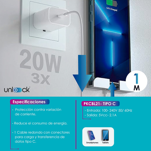 Cargador Usb Con Cable Tipo C Carga Rápida Unlock