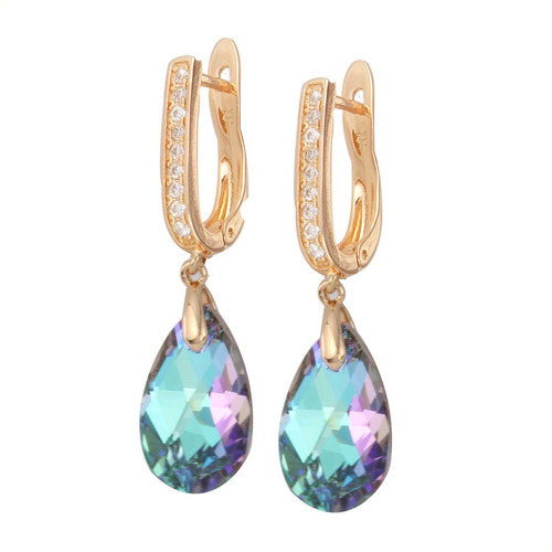 Elegantes Aretes Largos De Gotas De Cristales Swarovski En Oro Lamin 18k