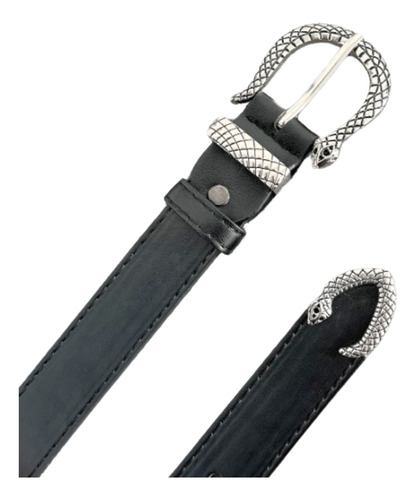 Cinturón Hebilla Serpiente Textura Plateada Vegano Dama Negro 70-103cm