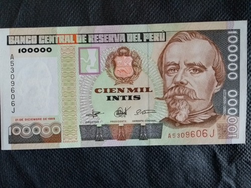 Cedula De 100000 Intis Do Peru 