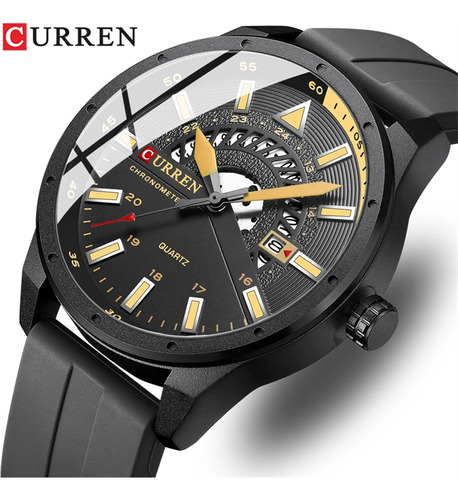 Relojes Curren 8421 Pulse de silicona impermeables para hombre, correa de color amarillo grafito, fondo negro