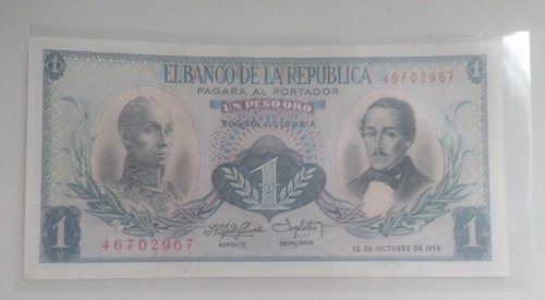 Billete De 1 Pesos, Primera Fecha, Año 1959 Estado 9.5