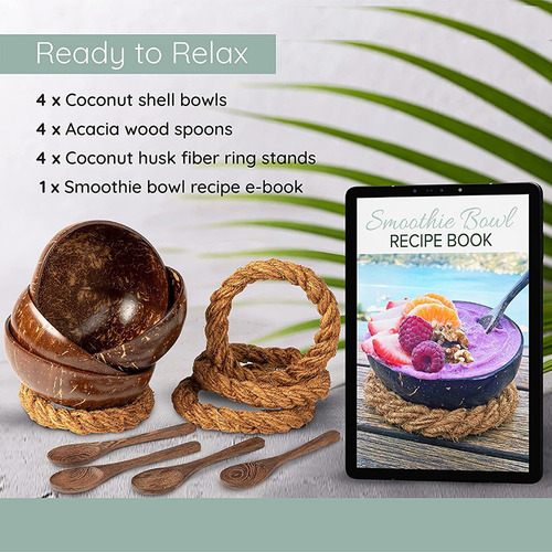 Taças De Coco Com Colheres E Suportes - Conjunto De 4 Cascas