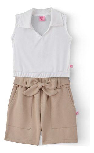 Short Y Blusa Con Bolsas Y Moño Para Niña Flory 0027 Beige Talla Ch / 4 A 6 Años