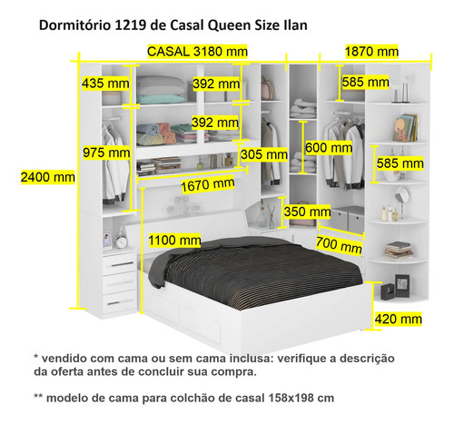 Guarda-roupa De Canto Com Espaço Para Box Queen 1219sq Carva