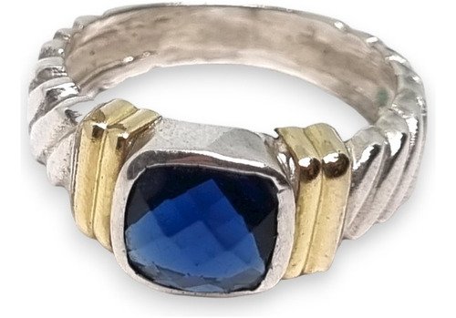 Anillo Plata Y Oro Con Piedra Cuadrada Azul