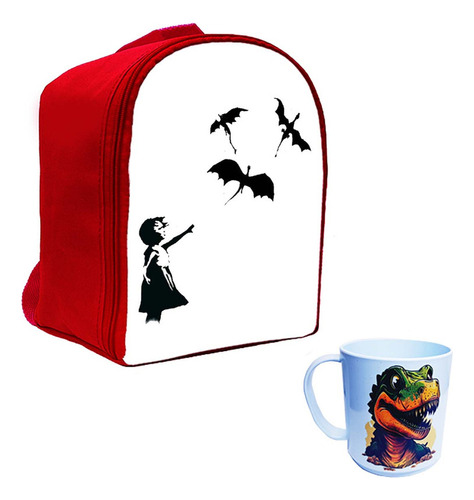 Kit Mochila Jardin Roja Dragones Y Taza #a 16