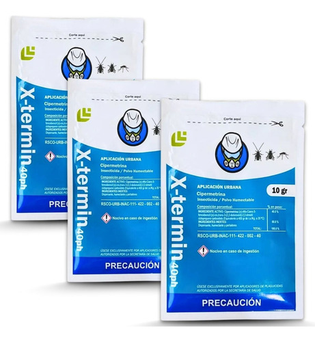 Kit 3 Sobres Insecticida X-termin 40 Ph 10gr Chinches Moscos