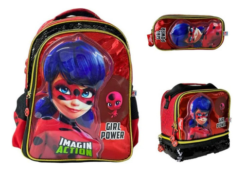 Kit Mochila Lonchera Y Lapicera Lady Bug Primaria Vs2193