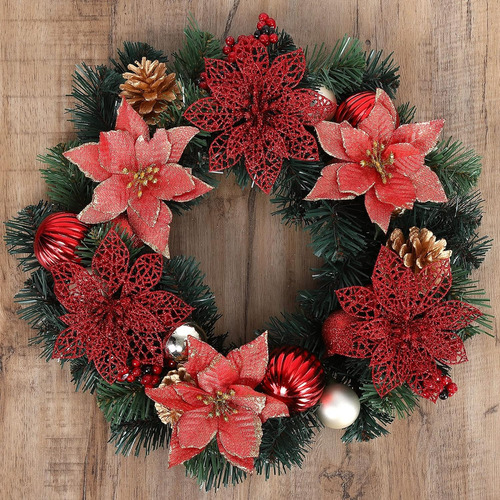 24 Flores De Pascua De Navidad Con Purpurina Y Clips, Decora
