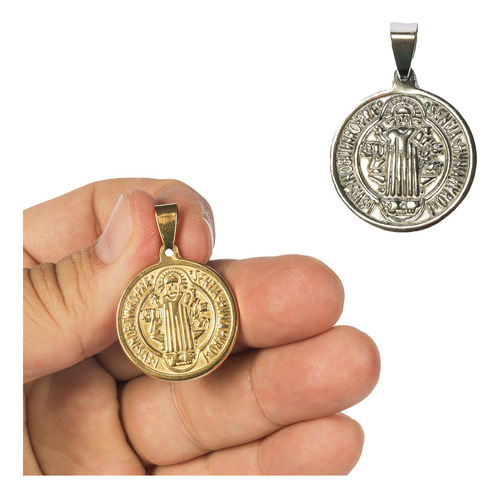 Medalha Pingente São Bento Em Relevo Aço Cirúrgico Religioso Cor Prateado