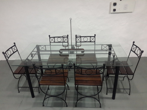 Imagen 3 de 4 de Mesa 160x80 + 6 Sillas Hierro Romano Madera + Vidrio 10mm