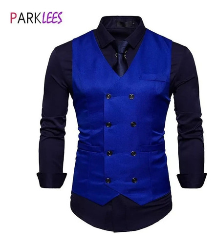 Chaleco De Vestir Azul Real Con Doble Botonadura Para Hombre