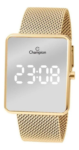 Relógio de pulso Champion Digital CH40080 com corpo dourado,  digital, para feminino, fundo  cinza, com correia de aço cor dourado, subdials de cor branco, ponteiro de minutos/segundos branco, bisel cor dourado e fivela de gancho