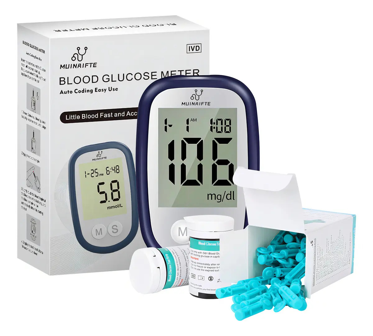 Medidor De Glucosa Digital Glucómetro Digital Muinaifte Con Glucómetro Digital 50 Tiras Y 50 Lancetas Color Azul