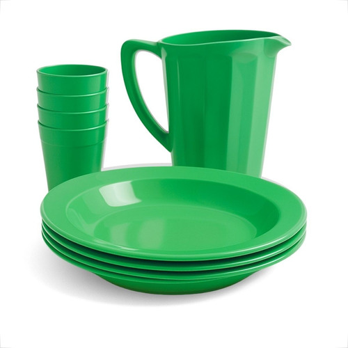 Kit Jarra Com 4 Pratos + 4 Copos 200ml P/ Refeição Sobremesa