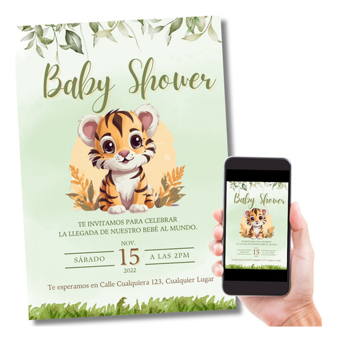 Invitación Digital Baby Shower Tigre Bebé Verde Jungla