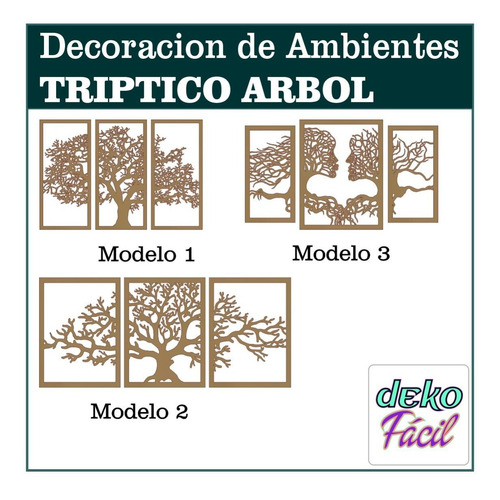 Cuadro Aplique Tríptico Árbol Decoración De Mdf A Elección.