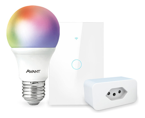 Kit Casa Conectada Avant Neo Smart Wi Fi Lampada RGB 10w Com Interruptor 1 Botão Branco e Tomada Inteligente Cor da luz RGB