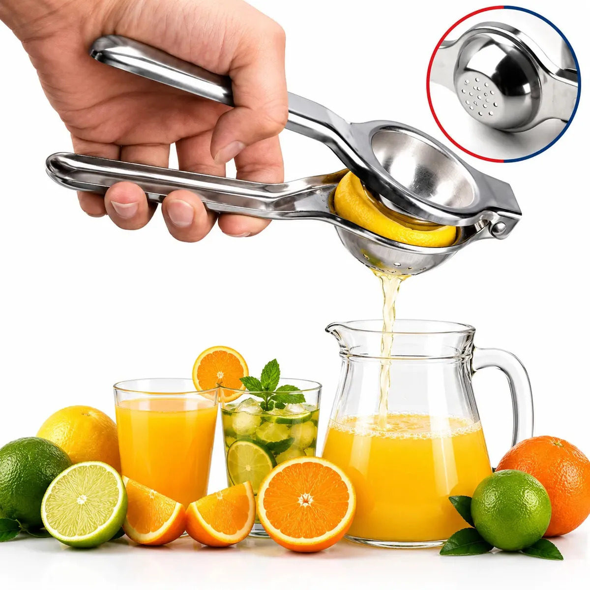 Espremedor De Limão Grande Portátil Premium Manual Suco Reforçado Aço Inox Gourmet Resistente Plus Frutas Forte Profissional Prata