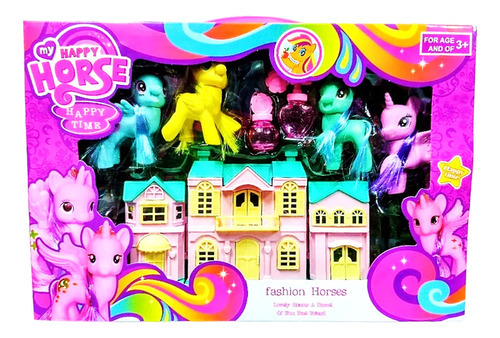 Pony Fashion House X 4 Unicornio + Casa Super Cla Fdla23-5 Color Rosa