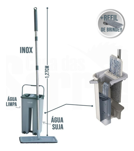Mop Flat Balde 6 Litros Com 2 Refis Com Cabo Extensível Inox