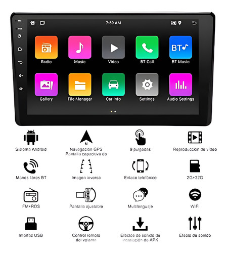 Estereo Pantalla 9 Android 13 Gps Bt Full Hd 4 Ram 64 Rom Negro