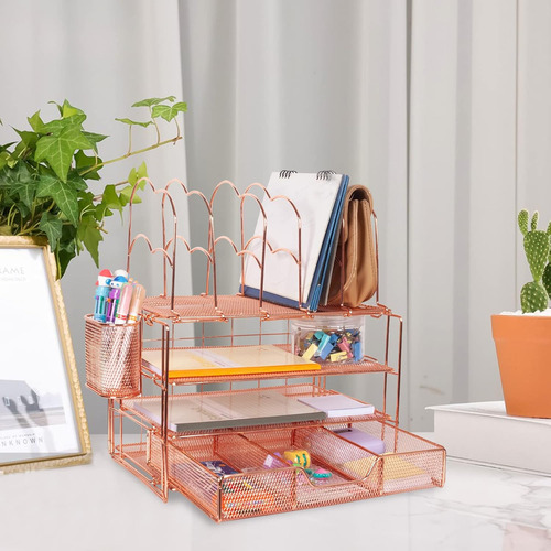 Organizador De Escritorio De Color Oro Rosa Con Soporte Para
