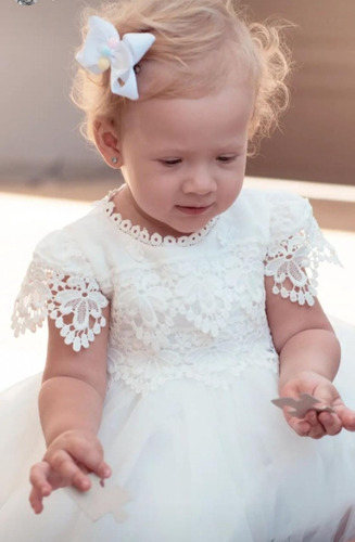 Imagem 6 de 6 de Vestido Bebê Batizado Casamento Com Renda Guipir E Saia Tule