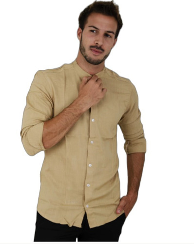 Camisa Camel Manga Larga Lino Cuello Mao Elastizada Vestir