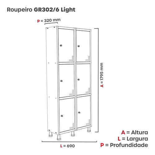 Roupeiro Aço Light 2v 06 Portas Gr302/6 Cinza/del Rey Hiwt